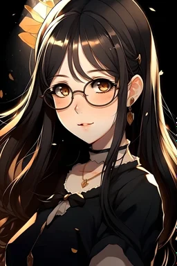 An anime girl with black long hair brown eyes and white skin a gold color glasses. A black half-open dress