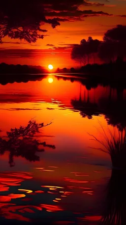 A vibrant sunset casting warm hues upon a tranquil lake, symbolizing the deep love that colors and enriches our lives.