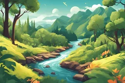 Create an landscape illustration with random forms of a forested river valley, Like chumbak backgrounds