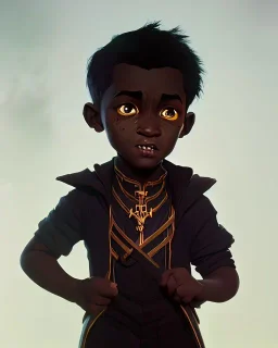 Portrait of a gorgeous black skinned toddler warlock boy with dark hair by Jim Kay