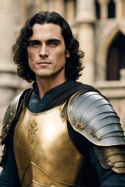 Joaquin Phoenix from year 2000, draped waves haircut, black hair, in medieval setting, in medieval armor colored back and gold