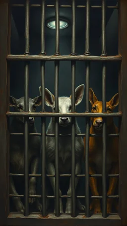 Bosch painting style nightmare, scare animals locked behind bars , in dark prison environment with dim lights like 1800 prisons .