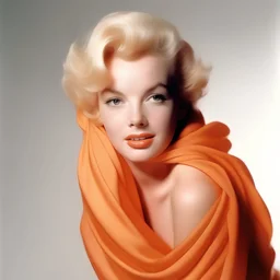 A photograph of marilyn monroe, with childish, with spiky hair, no make up, in the style of milton greene, a pale orange silk scarf around her shoulders, white bacground