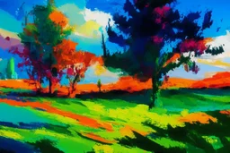 Paint a landscape in the style of Post- Impressionism, with bold colors and expressive brushstrokes.