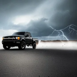 hyperrealistic shot, speeding 4x4 black truck, monotone color palette, sharp focus, puddle reflec1tion, tire mud splashes, refraction, huge boulders backdrop, mist on the horizon, thunder and lightning, overcast shadow, detailed and intricate, cinematic composition, 8k, micro, tilt shift photography, bokeh