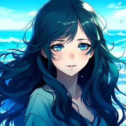 Teenage girl, long wavy black hair, ocean blue eyes, anime style