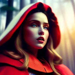 Head to shoulder portrait little red riding hood, by tim burton, cinematic lighting, Hyperrealism, 8k uhd, depth of field, photography, unreal engine, octane render, raytracing, cgi, lumen reflections, cgsociety, ultra realistic, volumetric fog, insanely detailed, intricate golden ratio