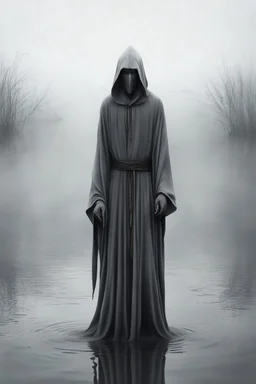 tall, hooded, gaunt humanoid creature, wearing long gray robes, standing in a dull, gray, foggy shallow lake.