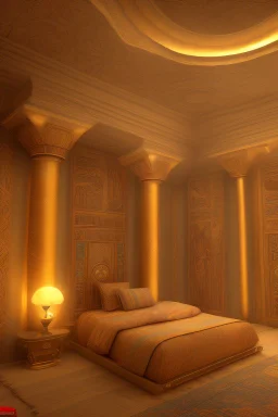 An Egyptian bedroom with arches, a big bed, cushions, rugs, lamps