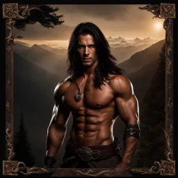 Handsome and muscular 30 year old shirtless mountain man long dark hair, dark fantasy, no background