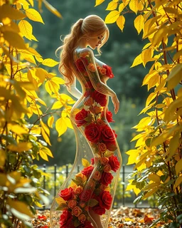 curvy body inside transparent woman yellow leaves beautiful transparent woman made of transparent glass filled inside with red roses and leaves beautiful dynamic pose stands in garden hyper detailed sharpen CGI