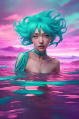 A stunning Anime girl suspended in a kaleidoscope of colors, captured in a photorealistic, cinematic photograph, as if plucked from a dream sequence. Her vibrant turquoise hair flows like a river, contrasting with the muted, earthy tones of her skin, set against a gradient of iridescent pinks and purples, evoking a sense of ethereal mysticism. Soft, cinematic film grain textures the image, infusing it with a sense of nostalgic warmth, as if lit by the flickering lights of a vintage cinema.