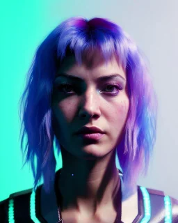 A portrait of a cyberpunk woman vary angry facing camera blue color scheme, high key lighting, volumetric light high details with white stripes and feathers unreal 5, octane render, cinema4d, dynamic lighting, dramatic lighting, 4k, redshift render, highly detailed, hyper realistic