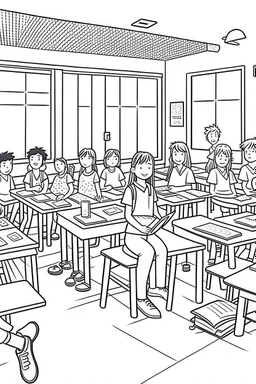 outline art for real A cheerful classroom scene with students and a teacher Coloring page, manga style, cartoon style, cute face, white background sketch style, full body is a must, only use outline, clean line art, no shadow, bold outlineMasterpiece, Ominous, Golden Ratio, Highly Detailed, photo, poster, fashion, illustration