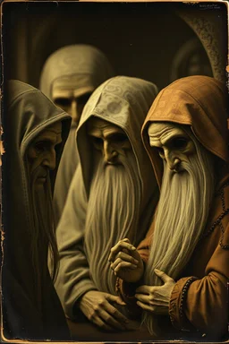 Daguerrotype close up some mysterious figures, odd background, Hieronymus Bosch, ambient light, by Minicavio Quollati and Marlost Endgulp, Amano, Botticelli, Alphonse Mucha