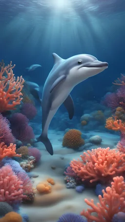 Kawaii, Cartoon, one cute dolphin in the ocean floor with corals, All body, with sweet eyes, two fins and a perfect dolphin tail , Caricature, Realism, Beautiful, Delicate Shades, Lights, Intricate, CGI, Botanical Art, Animal Art, Art Decoration, Realism, 4K , Detailed drawing, Depth of field, Digital painting, Computer graphics, Raw photo, HDR