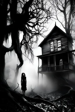 surrealist, black and white, hight contrast, exagerated proportions, tim burton character, a woman is a fog forest, a woman in front of old wooden window wood house, house with several floor, a woman watch inside house