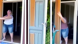 lady angry with door installer because the screen door is too big and won't fit in the framing