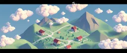 isometric voxel landscape with houses and clouds