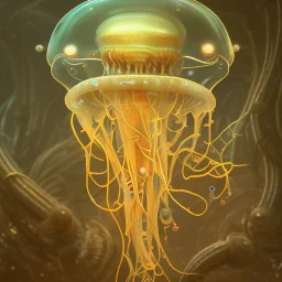 biomorphic jellyfish morphed with electronic wiring and mixed with lighting, Nanopunk and Biopunk with cyberpunk look,golden hour,MTG,digital painting, wonderful ambient colors, art by Jarosław Jaśnikowski mixed with Sheila Martin mixed with Fletch mixed with Frank Sun mixed with Anna Dittmann mixed with Alena Aenami.