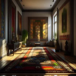 An exquisitely vibrant room, flooded with natural sunlight, adorned with a luxurious rug and a striking painting on the wall. This photorealistic 3D render showcases a mesmerizing shaman, beautifully detailed with intricate textures, as if it came to life. The expert use of Lumion has brought this hallway landscape to its fullest potential, captivating viewers with its breathtaking beauty. A masterpiece that transcends trends, hailed on ArtStation's artistry platform. Rendered with unparalleled