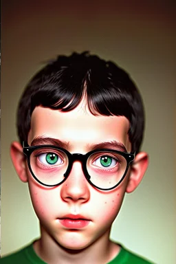 Book description: A boy with thin face, black hair and bright-green eyes. He wore round glasses. very thin scar on forehead