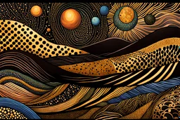 random color Zentangle patterns in the styles of Fumihiro Kato, Rebecca Vincent, Yayoi Kusama, Kiyoshi Awazu and Kay Nielsen that depict rolling hills and flowing rivers, cosmic swirls, dot painting, planets, black and gold