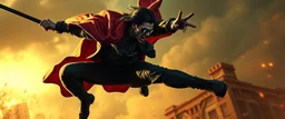 vampire cyberpunk action scene, acrobatic dodge, cape ,, cyber sun glasses, swing pole, steam punk