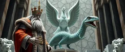king ogre cowboy brilliant detailed full figure portrait disco glittery slug alien fluffy muscle man dino anime in the style of Escher and Giger in front of dented marble tower of transparent glass dove statues