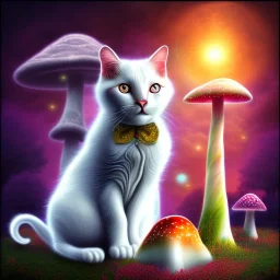 mystical white cat sits on a psychedelic mushroom