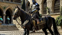 king on his horse in the castle courtyard