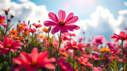 The vibrant, high-contrast colors of the flowers and sky create a sense of hope and positivity. The scene is filled with bright, iridescent light effects, symbolizing her new beginning.