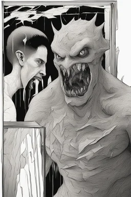 a horrifying, abstract monster looking into a shattered mirror and seeing a regular man's reflection