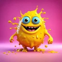 ((Best quality)), ((3D Masterpiece)), A cute yellow gooey monster, depicted as a 3D pixar style character, melting effect, 3d render, maya, highly detailed, blender render, cgi, wobbly texture, animated realism, quirky, intricate details, creative lighting, 4k