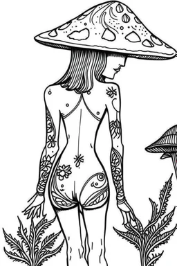 mushroom girl idea, line art, background, vector, svg, black outline on white background, leave plenty of white space beetween lines for coloring, tattoo style, tattoo idea,full body, minimalist