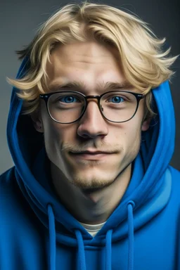 An adult man with glasses, fluffy blonde hair, wearing a blue hoodie