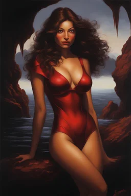 Portrait of a woman, perfect face, perfect copper eyes, dark hair, glamorous, gorgeous, delicate, romantic, red two-piece bathing suit, realistic, romanticism, red tones, Boris Vallejo- Pitch black Background - dark, wood panel wall in the background