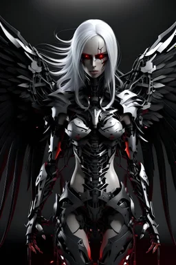 female, fallen angel, blood tears, black wings, white hair, glowing eyes, glowing implants, mech arms, ultra quality, ultra detailed, high details, highly detailed, hard-edge style, full body raw,