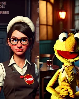 waitress woman with Sesame Street muppet mask-head, concept art, retro style, smooth, unreal engine 5, god lights, ray tracing, RTX, lumen lighting, ultra detail, volumetric lighting, 3d.