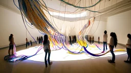 Create a large-scale textile installation using resilient and stretchy materials like elastic bands or bungee cords. Visitors can physically interact with the installation by pulling on the threads, symbolizing the struggles individuals face during addiction and their journey towards recovery. The installation should demonstrate how resilience and determination help in overcoming challenges.