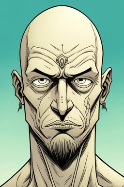 Portrait of male human with no hair, tatooes on his face, comics Frank Cho style