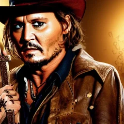 portrait of johnny depp as indiana jones with a cross in hand, in studio