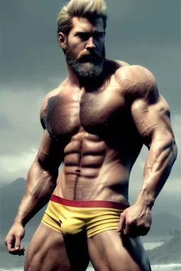 Ignore NSFW, teenager young rugged attractive slightly muscular fantasticly handsome blonde man, red briefs with yellow belt, hairy chest, (((visibly pisssing))) briefs, large erect visible boner peniss, photorealistic, artist Jay Anacleto, soft lighting, scruffy beard