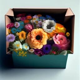 a box full of flowers with flowers going outside of it. the photo view 90 degree side view. style: "hyper realistic." the "flowers only" should be one kind only with one color thats mean every fllower should have the same color.