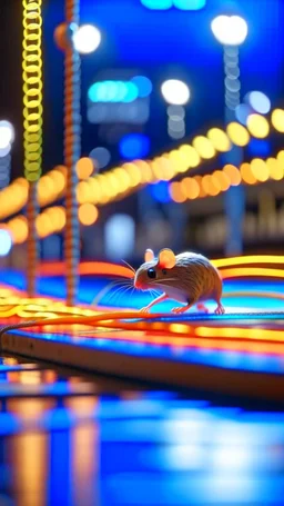 racing mouse crossing tiny bridge on glowing neon racing track for rc scooter, shot on Hasselblad h6d-400c, zeiss prime lens, bokeh like f/0.8, tilt-shift lens 8k, high detail, smooth render, down-light, unreal engine, prize winning