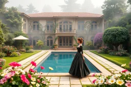 a luxury villa yard with pool in center and pretty plants trees flowers, morning mist, lost paradise atmosphere,a pretty model lady in victorian clothing walking in villa yard in flowers .every thing and lady is made of small colored cubes as a puzzle