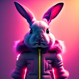 pixar style anamorphic cute cyberpunk rabbit baby, smiling,gangsta gold neckless, full body, magenta puffer jacket, manila city backdrop, dramatic lighting, hyper realistic, unreal engine 5, 16k