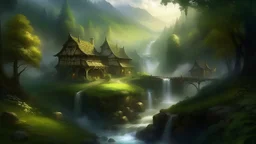 Mistfall Vale nestled in a lush valley, Mistfall Vale shimmers with iridescent fog, revealing quaint cottages and arching willows that whisper ancient secrets to the tranquil stream below.