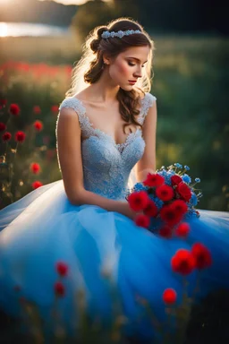 Beautiful girl wearing a wedding dress : Picture a delicate fluorescent glass blue-red flowers in the early morning light, adorned with glistening dewdrops. Sharp focus . Iridescent colors with intricate details. The tranquility of the scene mirrors the quiet strength that comes from embracing stillness and finding inspiration in the simplest moments.