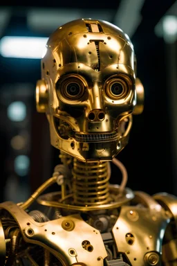 haz una foto de una persona 70% humano 30% robot, una foto mas irreal, con una tonalidad dorada y mas animada , mas humano, mas humano